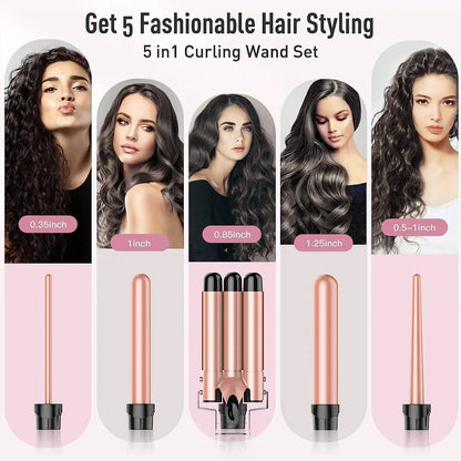 5 in 1 Curling Iron 3 Barrel Crimper Wand Hair with Fast Heating for All Hair Types