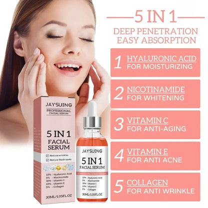5 In 1 Moisturizing Whitening Essence Liquid Anti Wrinkle Aging Vitamin C Hyaluronic Acid Face Shrink Pores Serum Skin Care 30ml