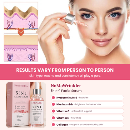 NoMoWrinkler 5-in-1 Hydrating Vitamin C Serum with Hyaluronic Acid, Niacinamide, Vitamin E & Collagen, 30ml